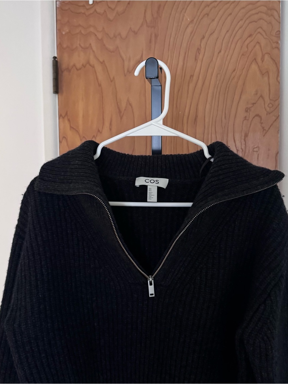 COS Black dark grey Ribbed Half-Zip Cowl Wool Sweater women medium - Picture 3 of 8